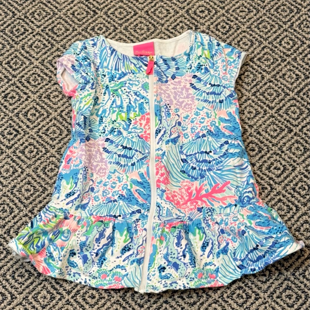 🎉EUC 🎉 Lilly Pulitzer SM (4-5) Zip-Front Pink/Blue Swim Cover-Up in Corral Print
